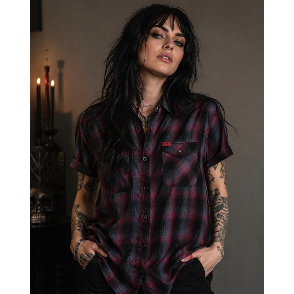 Dixxon Flannel Co. x SLAYER Women's XL Bamboo Blend Short Sleeve Shirt Red Plaid